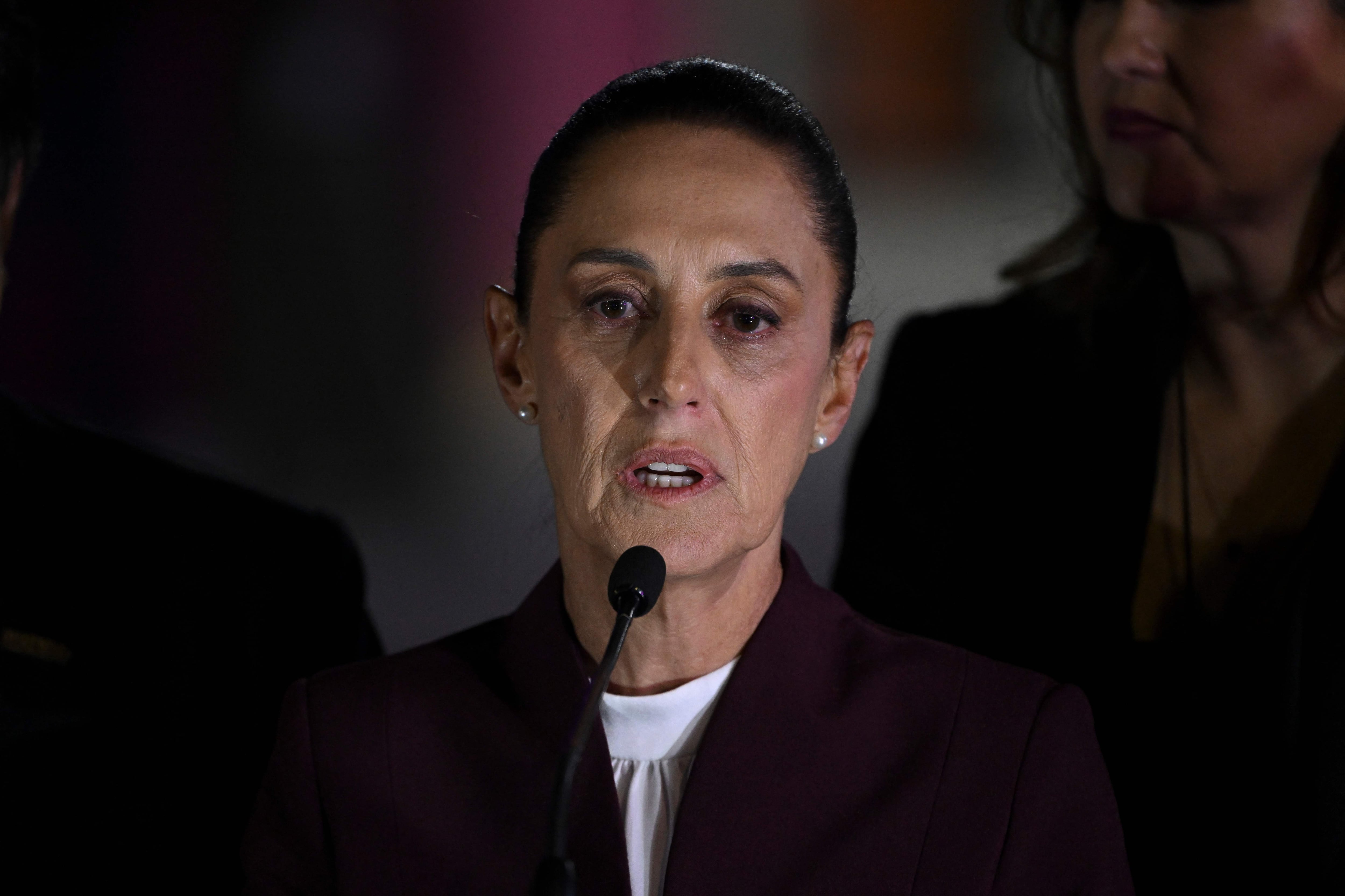 Mexican leftist presidential candidate Claudia Sheinbaum gestures during a press conference at the National Electoral Institute (INE) headquarters after the presidential debate ahead the June 2 national elections in Mexico City, on April 7, 2024. (Photo by Yuri CORTEZ / AFP)