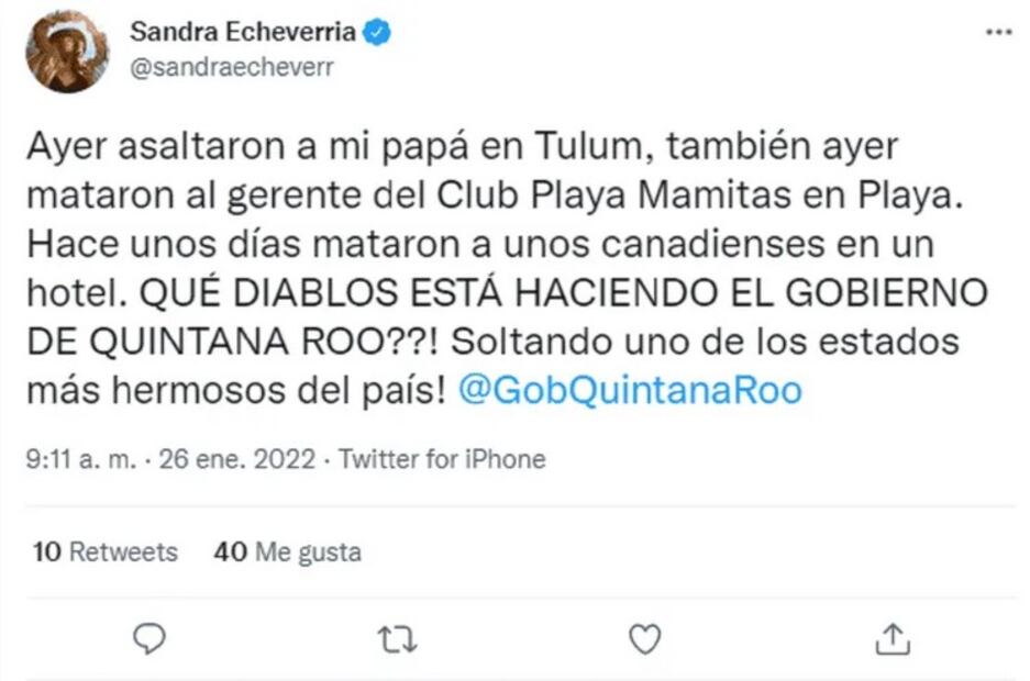 Sandra Echeverría explotó tras asalto a su papá en Quintana Roo