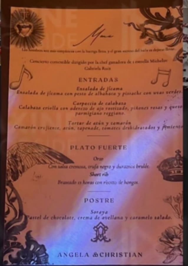 El menú de la boda de Christian Nodal y Ángela Aguilar / Foto: Redes sociales
