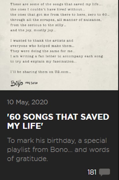 Bono, de U2, celebra 60 años con una playlist de las canciones que "lo salvaron"