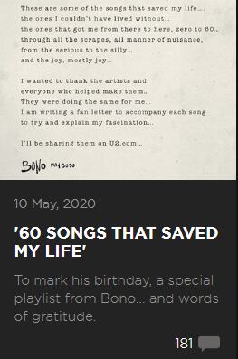 Bono, de U2, celebra 60 años con una playlist de las canciones que "lo salvaron"
