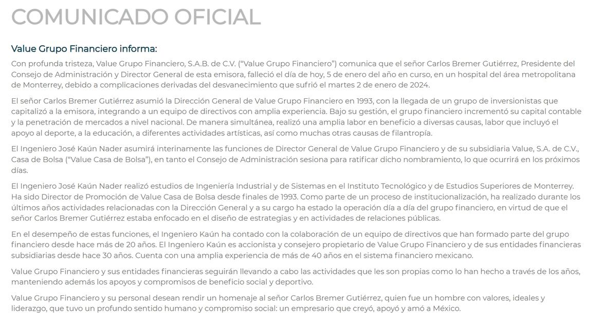Comunicado de Value Grupo Financiero