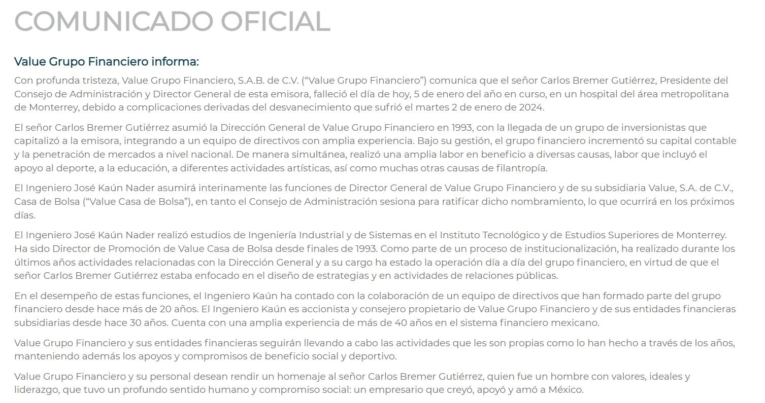 Comunicado de Value Grupo Financiero