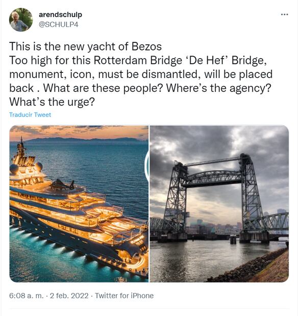 Por lujoso yate de Jeff Bezos, destruirán puente histórico de Róterdam