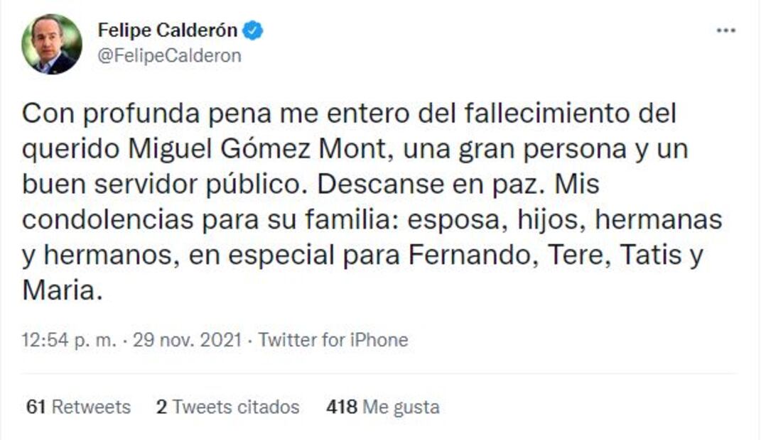 Muere Miguel Gómez Mont Urueta, tío de Inés Gómez Mont