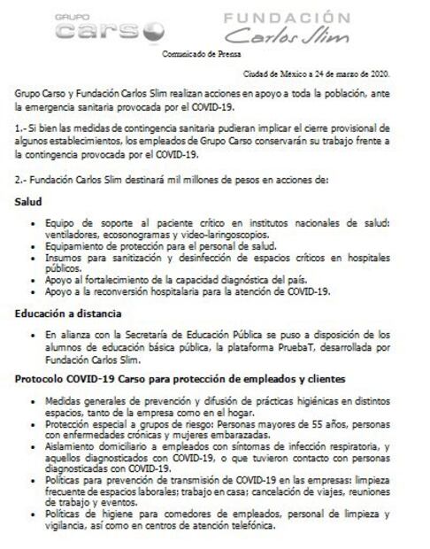 Carlos Slim destina mil millones de pesos para combatir el Covid-19
