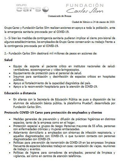 Carlos Slim destina mil millones de pesos para combatir el Covid-19