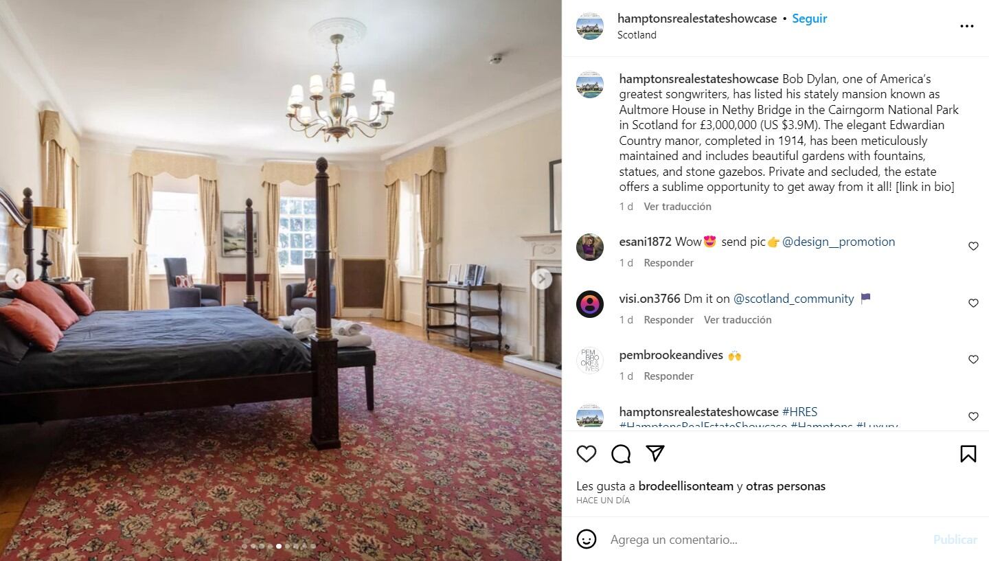 Aspectos de la recámara de la casa en venta de Bob Dylan / Instagram
