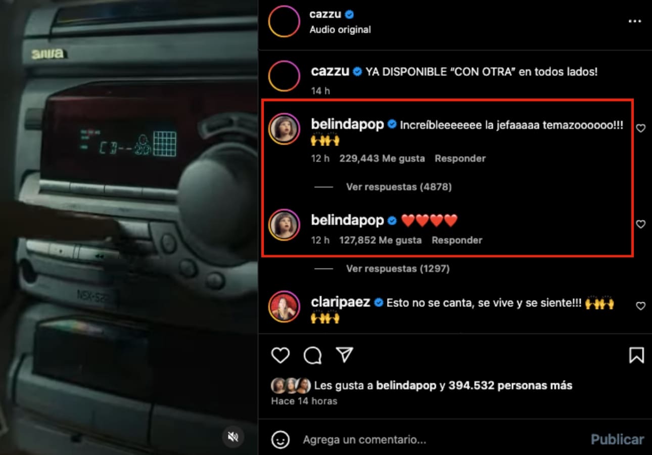 El comentario de Belinda a Cazzu en redes sociales / Foto: Instagram