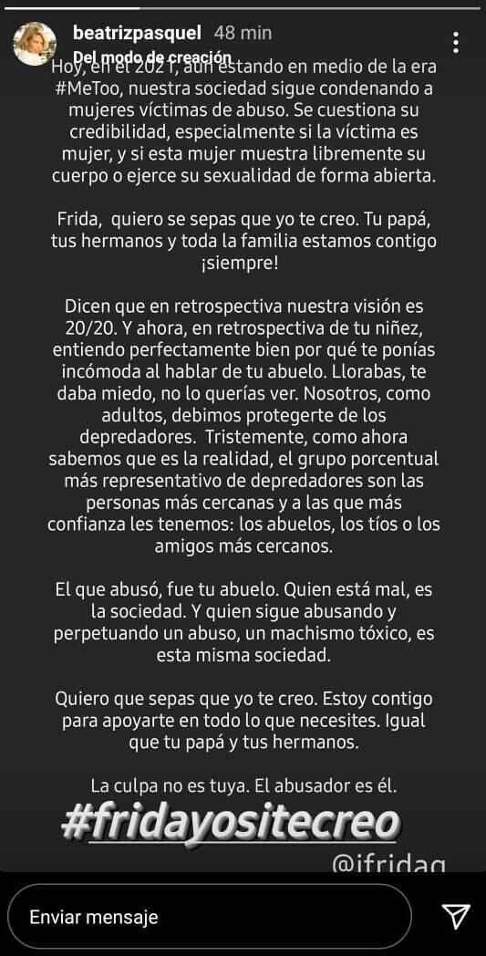 Beatriz Pasquel levanta la voz por Frida Sofía: "Frida yo te creo, toda la familia estamos contigo"