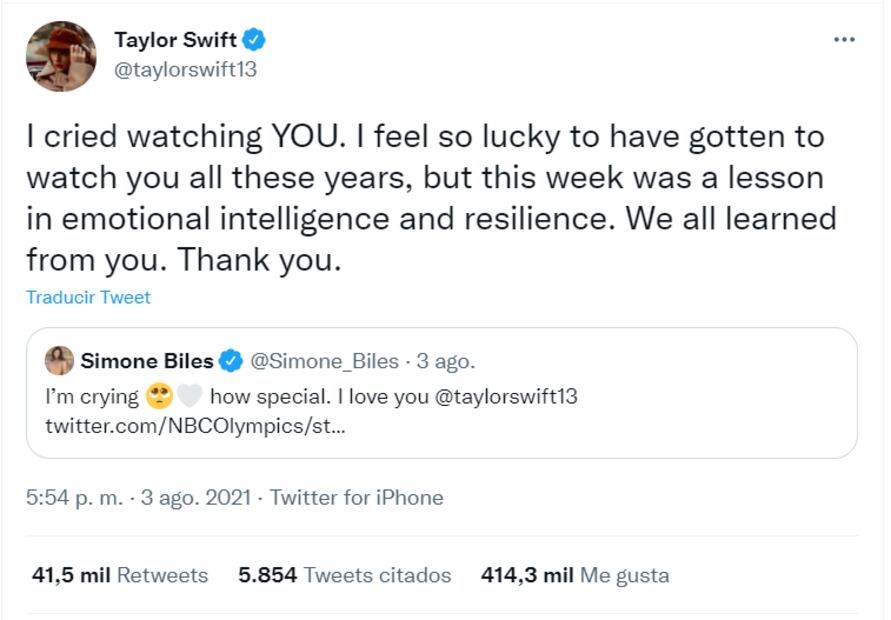 Taylor Swift rinde dulce tributo a Simone Biles: "Todos aprendimos de ti"