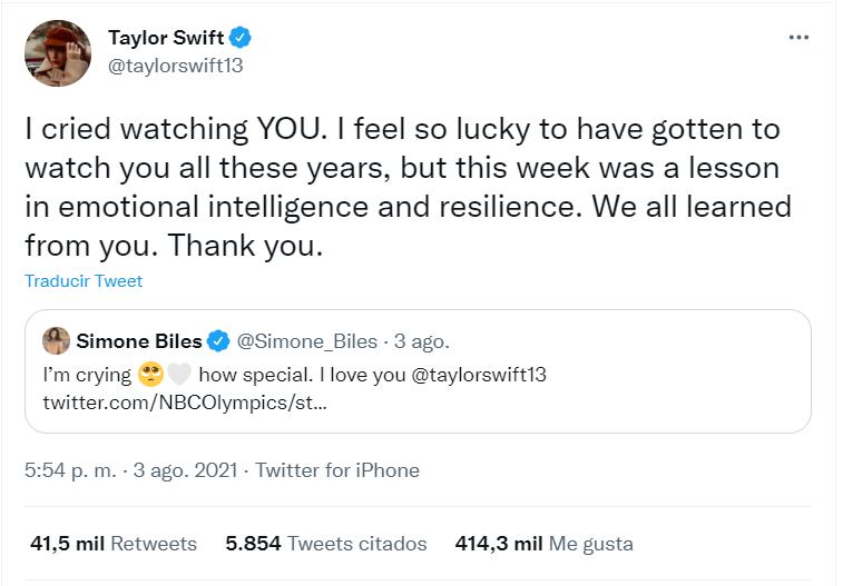 Taylor Swift rinde dulce tributo a Simone Biles: "Todos aprendimos de ti"