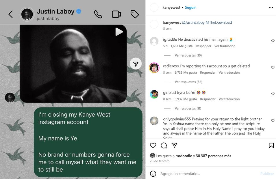 Última publicación de Kanye West en su Instagram "Mi nombre es Ye"/Instagram.