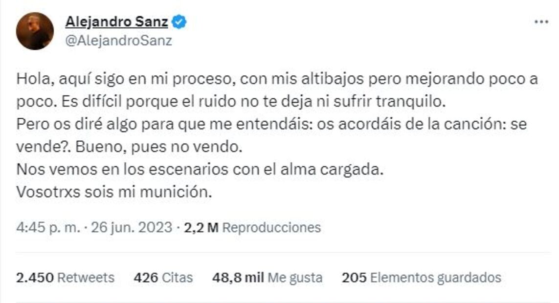 Alejandro Sanz volvió a lanzar un mensaje preocupante sobre su salud emocional / Twitter