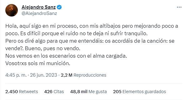 Alejandro Sanz volvió a lanzar un mensaje preocupante sobre su salud emocional / Twitter
