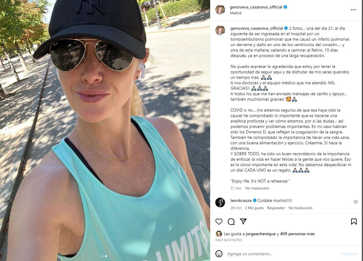 Genoveva Casanova ya se recupera con el cuidado de su familia / Instagram
