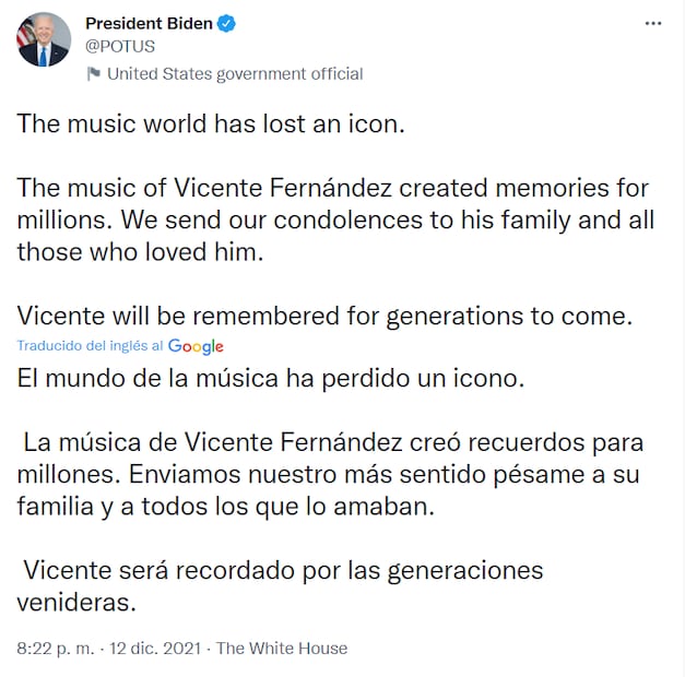 Vicente Fernández. Joe Biden: "El mundo ha perdido a un icono"