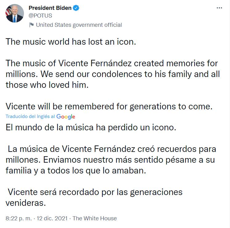 Vicente Fernández. Joe Biden: "El mundo ha perdido a un icono"