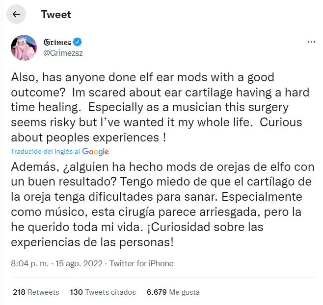 Elon Musk reprueba que su expareja Grimes se modifique las orejas como elfo