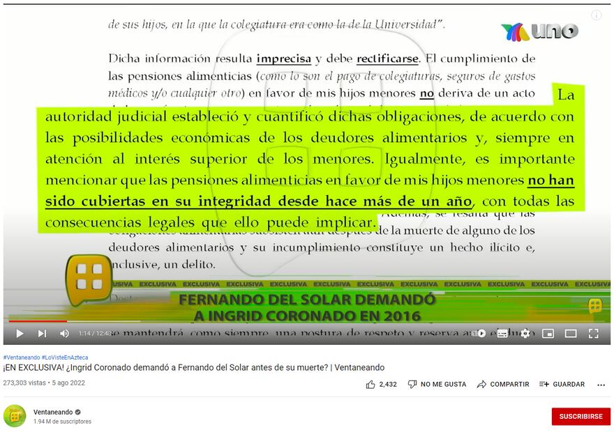 Viuda de Fernando del Solar tendría que pagar la pensión de sus hijos