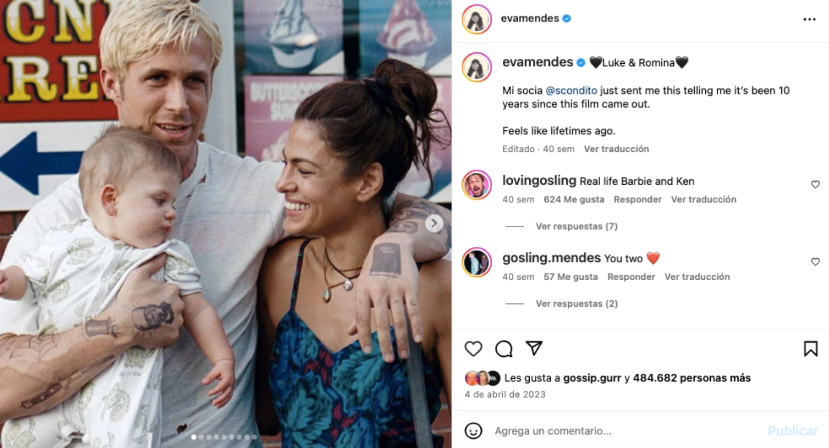 Eva Mendes y Ryan Gosling / Instagram