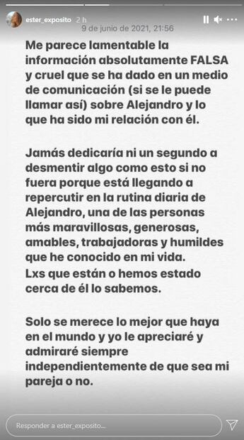 Ester Expósito desmiente que Alex Speitzer sea un mantenido y le desea lo mejor