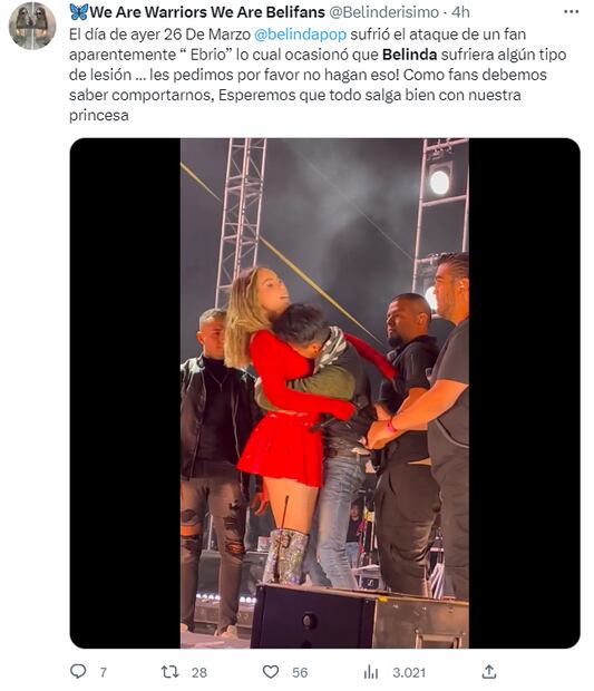 Belinda es víctima del entusiasmo de un fan durante su concierto, "Me lastimó"