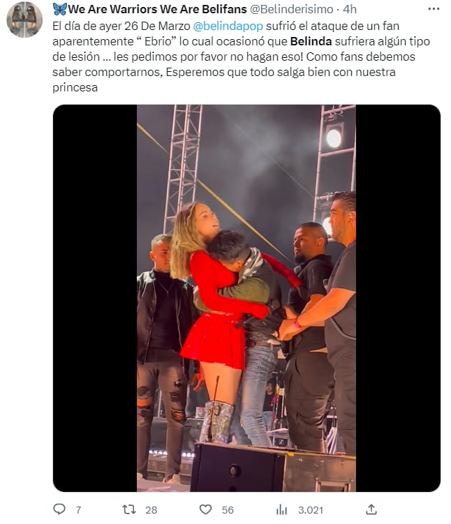 Belinda es víctima del entusiasmo de un fan durante su concierto, "Me lastimó"