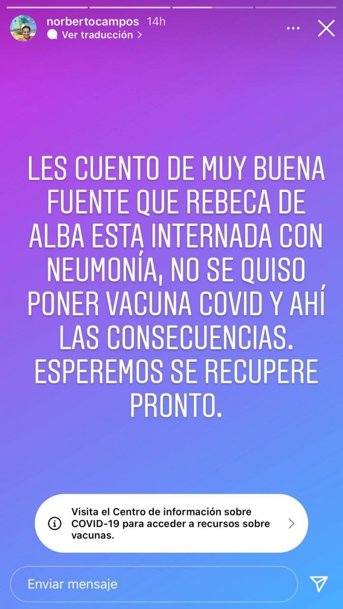 Aseguran que Rebecca de Alba está internada por neumonía