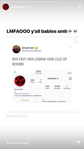 Billie Eilish pierde 100 mil seguidores por publicar esta foto