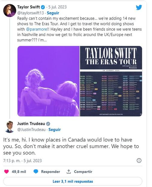 El mensaje de Justin Trudeau a Taylor Swift / Twitter