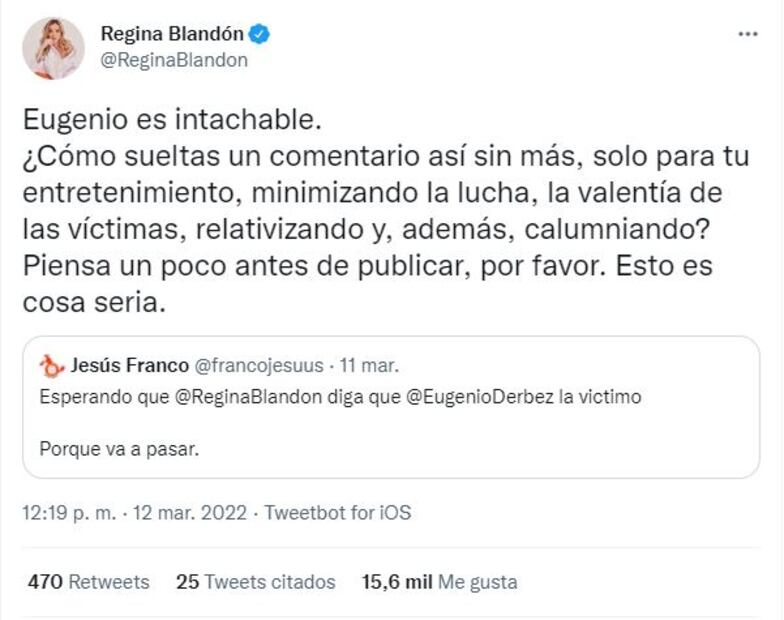 Regina Blandón defiende a Eugenio Derbez por acusaciones de supuesto abuso