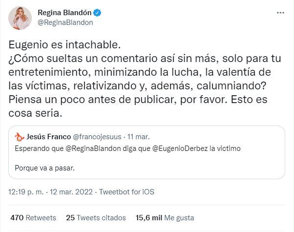 Regina Blandón defiende a Eugenio Derbez por acusaciones de supuesto abuso