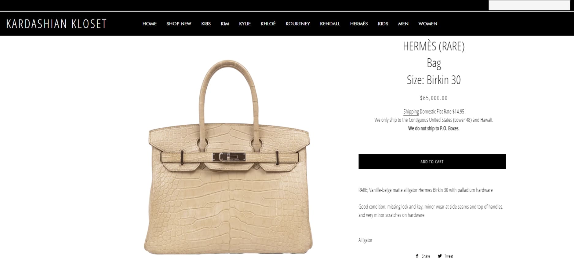 El bolso Hermès en la página web de Kim Kardashian / Captura de pantalla
