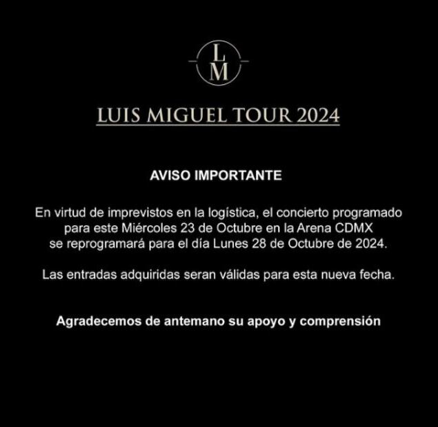 Comunicado de Luis Miguel sobre su concierto en CDMX / Foto: Instagram