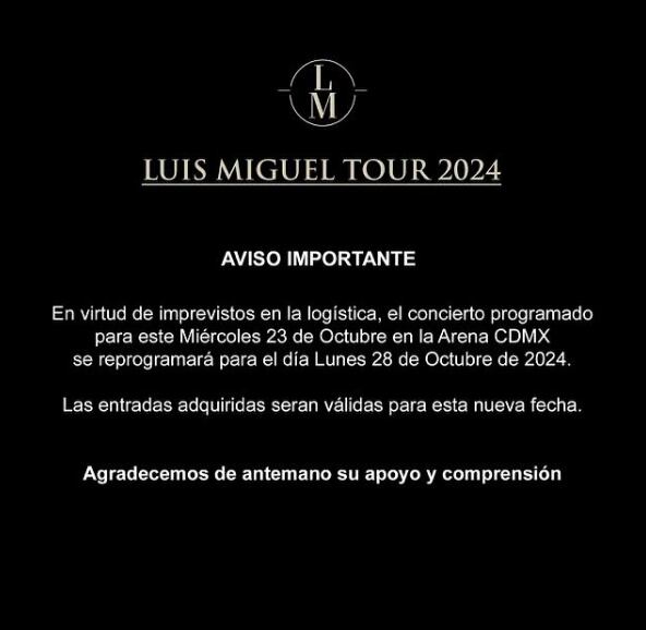 Comunicado de Luis Miguel sobre su concierto en CDMX / Foto: Instagram