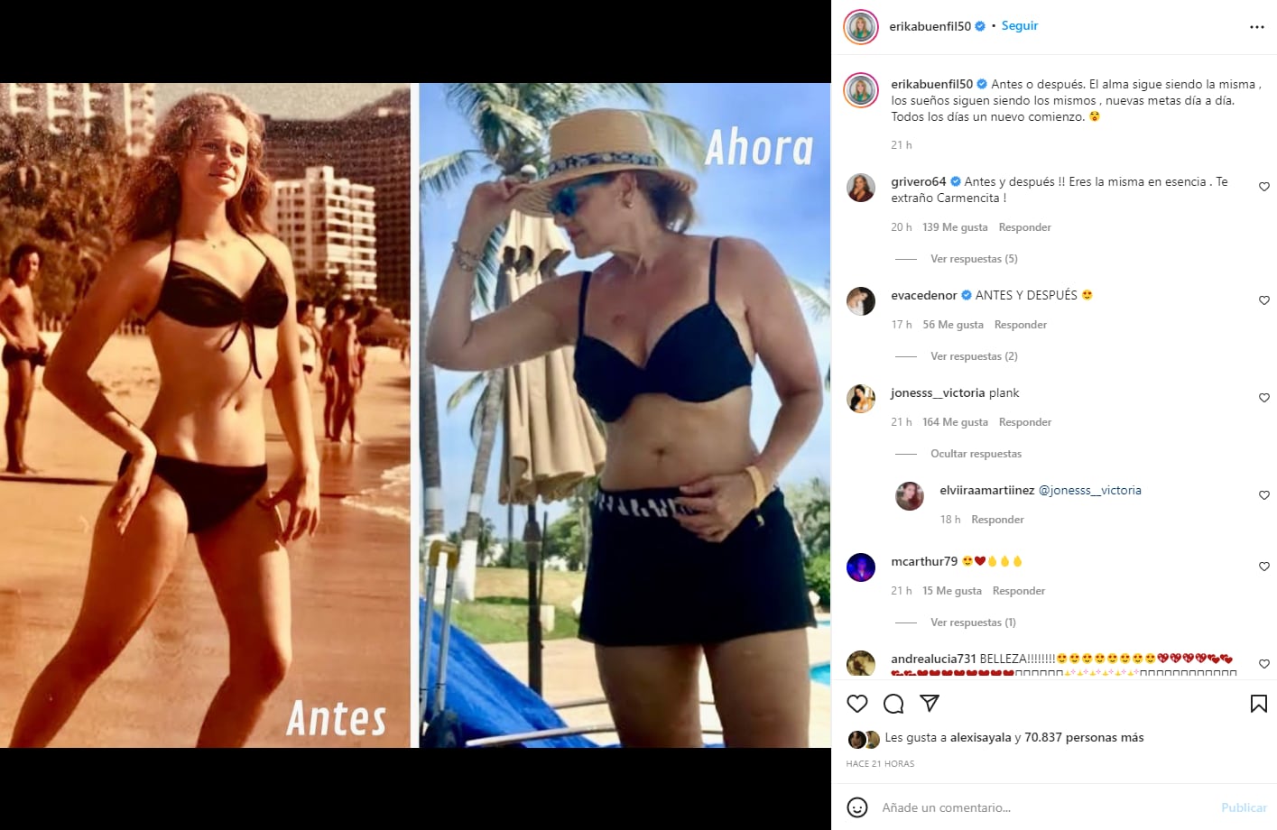 Érika Buenfil enseña su cuerpo en una foto en bikini de antes y después