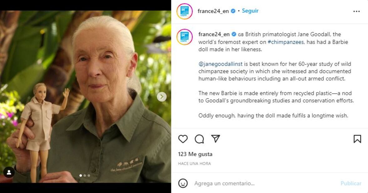 Barbie lanza muñeca inspirada en Jane Goodall, pionera en estudio de los chimpancés