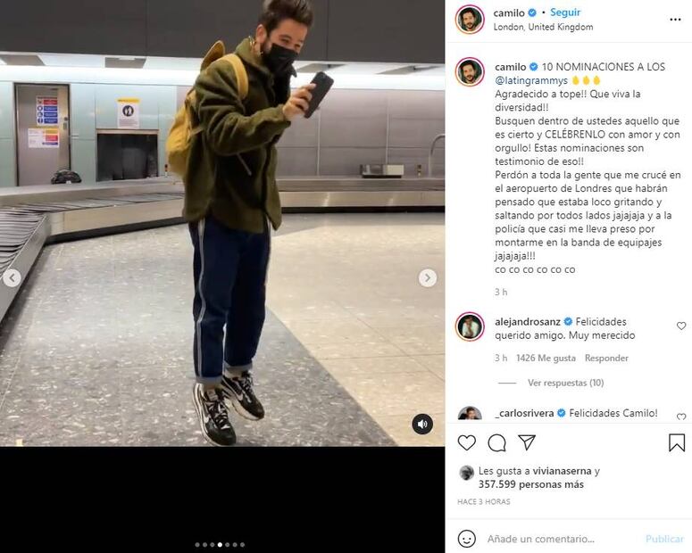 Camilo brinca y estalla de felicidad por sus 10 nominaciones al Grammy Latino