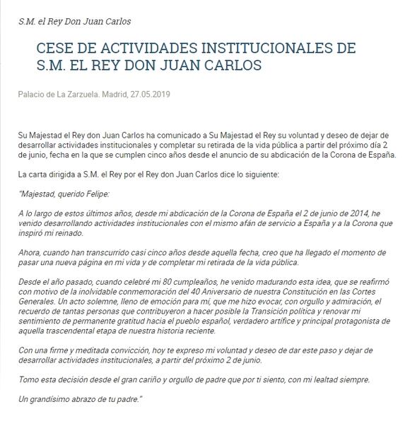 El rey emérito Juan Carlos de España pide permiso a su hijo para alejarse de la vida pública