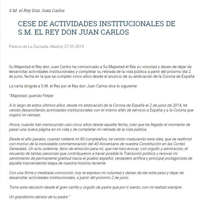 El rey emérito Juan Carlos de España pide permiso a su hijo para alejarse de la vida pública