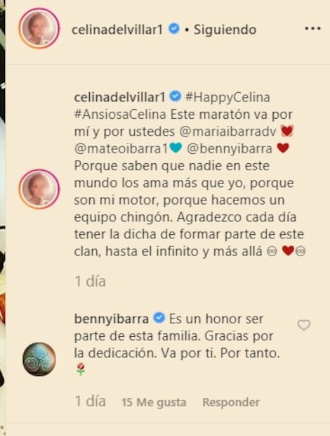 Benny Ibarra envía un amoroso mensaje a Celina del Villar y le agradece por su familia