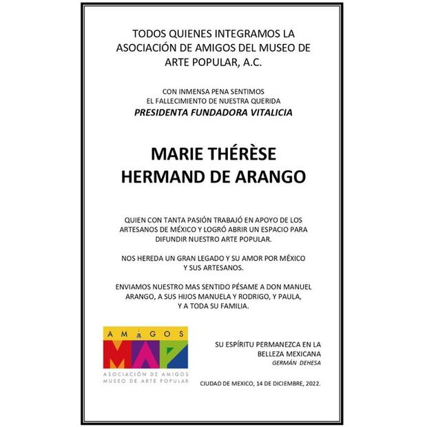 Muere Marie Thérèse Arango, fundadora de la Asociación de Amigos del Museo de Arte Popular