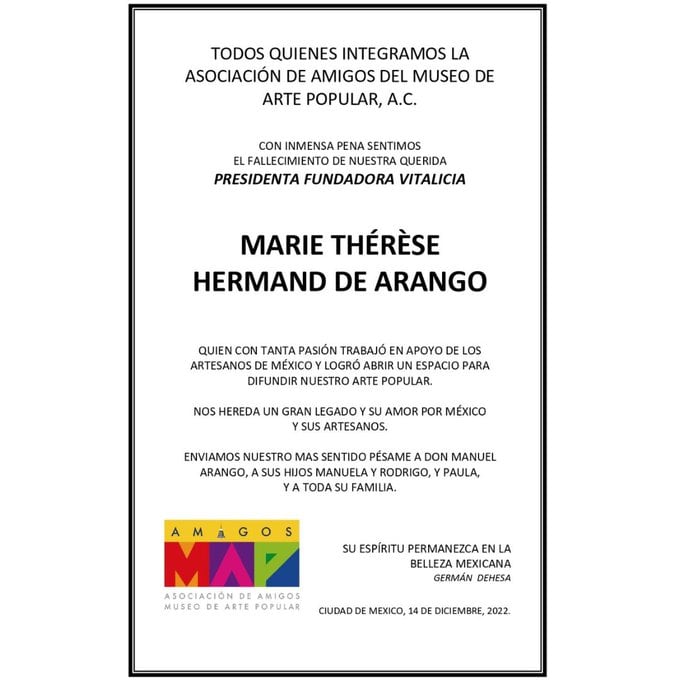 Muere Marie Thérèse Arango, fundadora de la Asociación de Amigos del Museo de Arte Popular