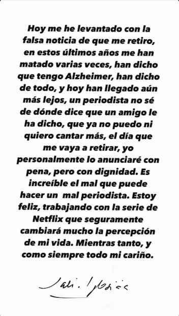 El comunicado de Julio Iglesias que desmiente su retiro / Foto: Instagram