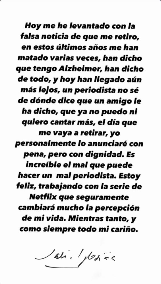 El comunicado de Julio Iglesias que desmiente su retiro / Foto: Instagram