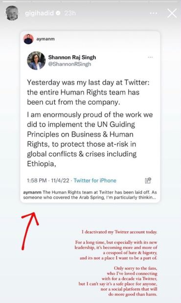 Gigi Hadid desactiva su cuenta de Twitter por el liderazgo de Elon Musk