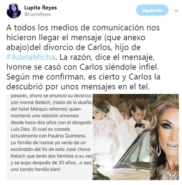 Hijo de Adela Micha se divorcia por infidelidad a siete meses de su boda