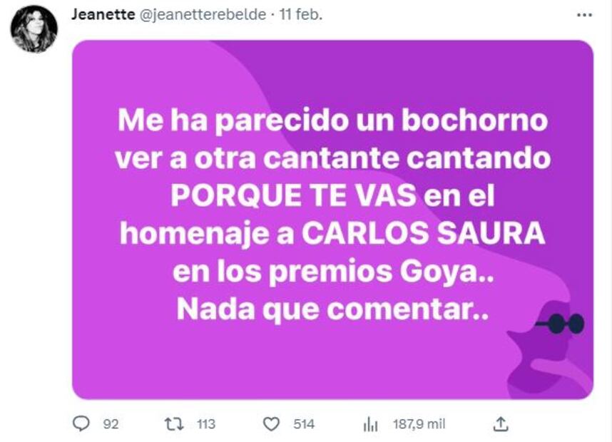 Jeanette atiza contra los Goya y Natalia Lafourcade, "me ha parecido un bochorno"