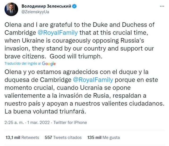 Presidente de Ucrania agradece apoyo de los duques de Cambridge pero no menciona a los Sussex